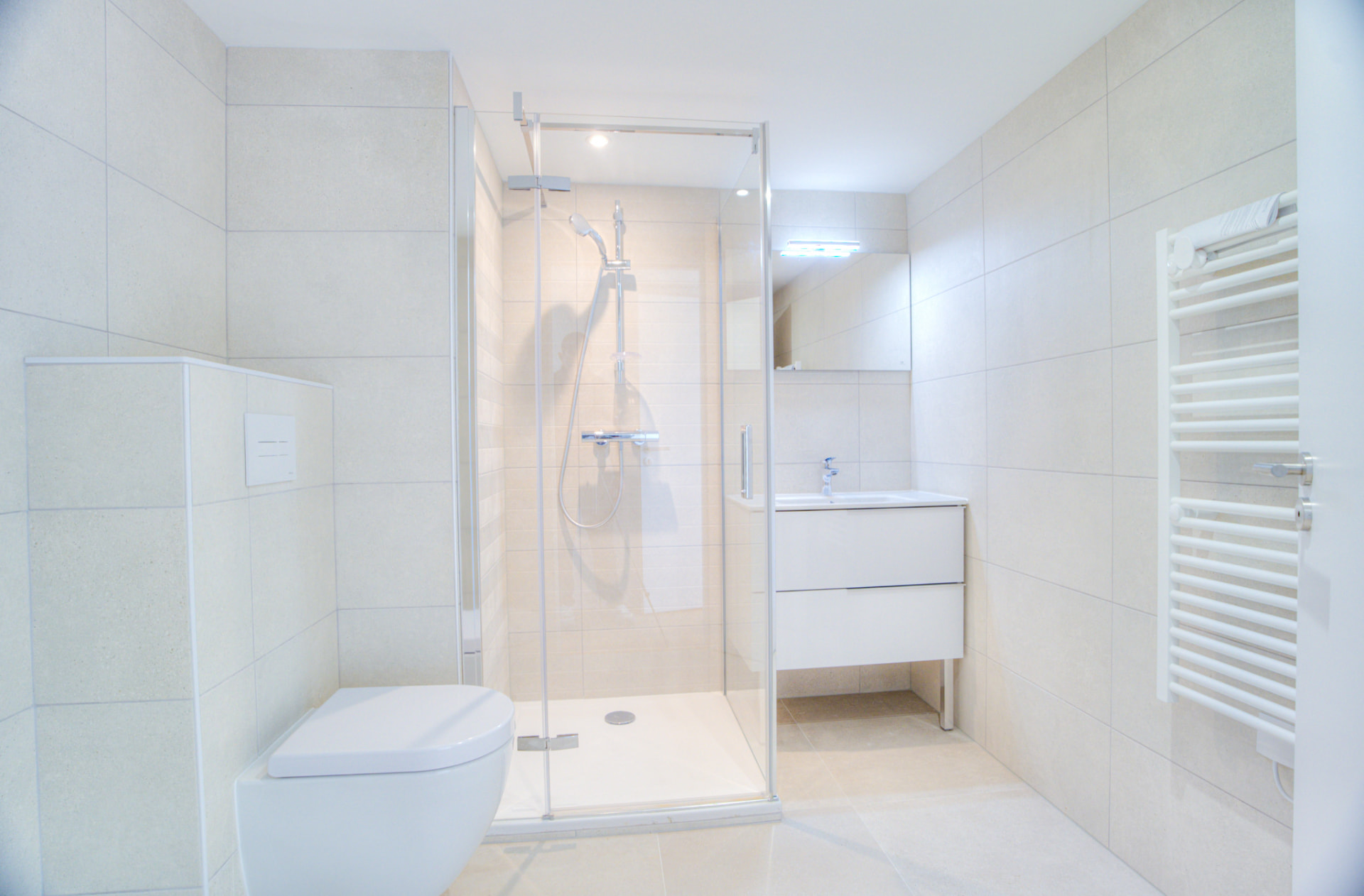 Salle d'eau avec cabine de douche vitrée, meuble-vasque blanc et toilettes suspendues